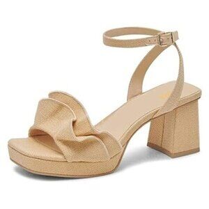Pazzion Women Platform Square Toe Pleated Ruffle Sandals Chunky High Heels Strap